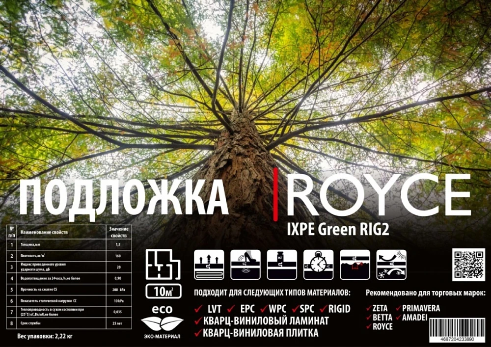 Подложка под LVT (рулонная) Royce IXPE Green RIG2 1.5 мм (10 м²)